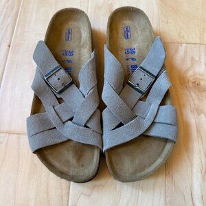 Birkenstock Womens 38 (7.5) Taupe Suede Lugano Soft Foot Sandals